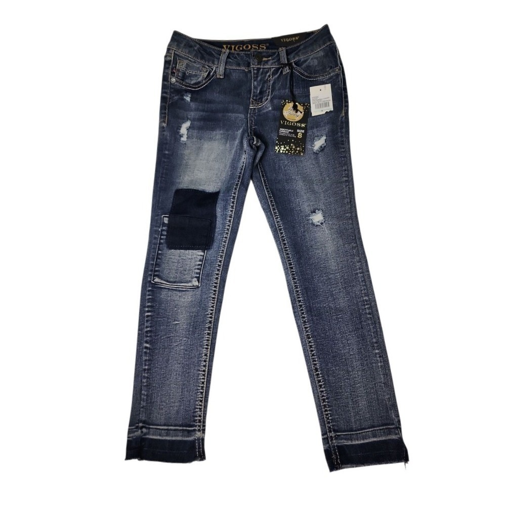 Vigoss NWT‎ Austin Ankle Skinny Jeans Kids Size 8 Blue Distressed Patched Denim